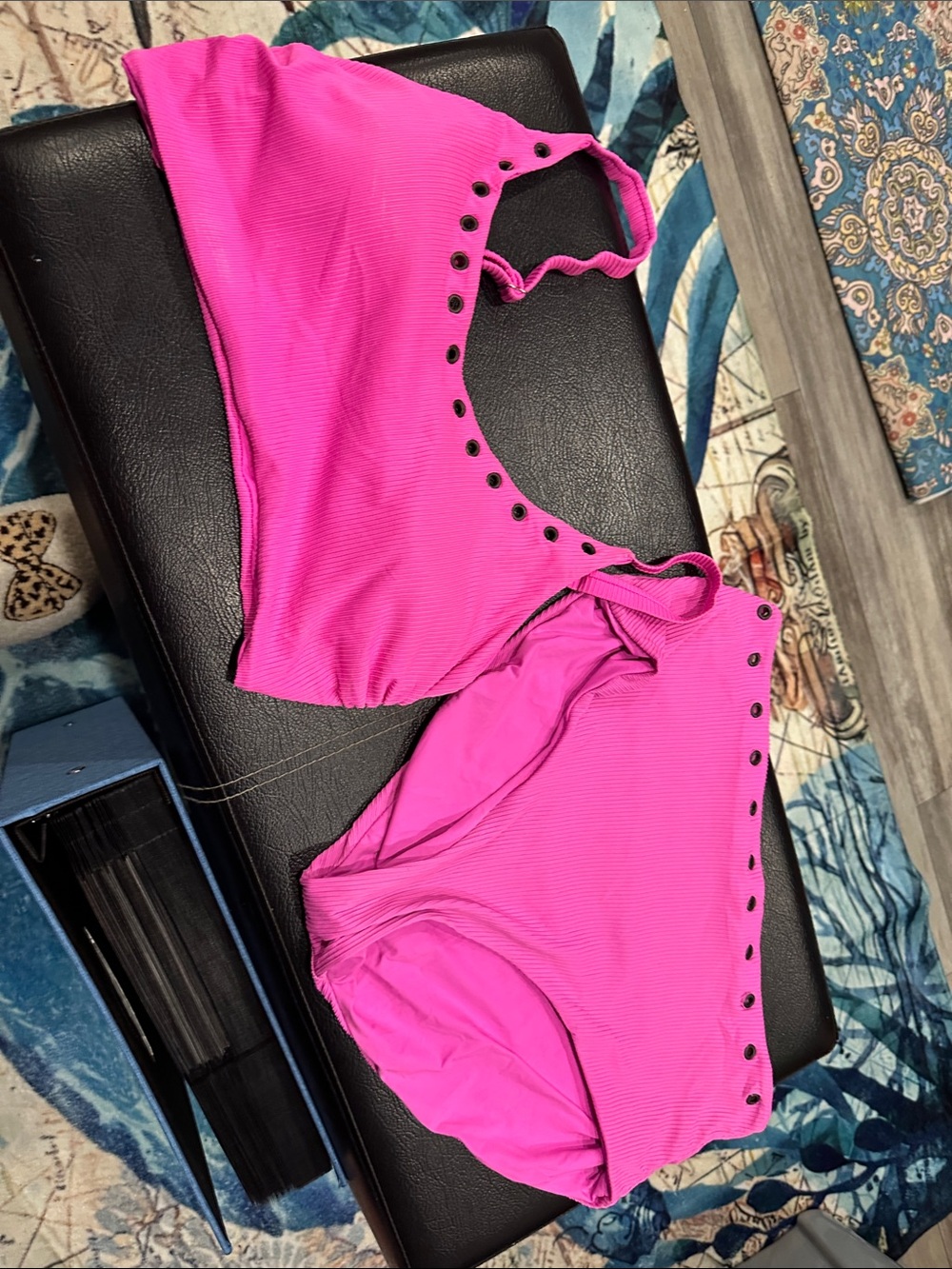 Women's Hot Pink Ribbed Bikini Set with Eyelet Trim